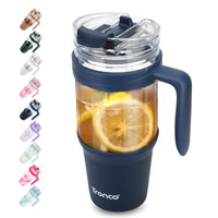 Tronco 40 oz Glass Tumbler with Straw and Lid, Reusable Glass Tumbler with Handle, Iced Coffee Cup with Bamboo Lid, Glass Water Bottles Fit in Cup Holder, Carbonfree, Lead - Free, BPA - Free - 7DAY'S
