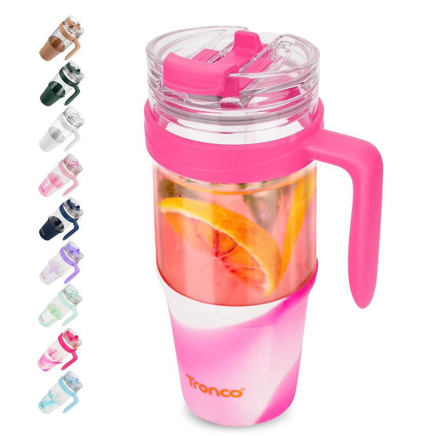 Tronco 40 oz Glass Tumbler with Straw and Lid, Reusable Glass Tumbler with Handle, Iced Coffee Cup with Bamboo Lid, Glass Water Bottles Fit in Cup Holder, Carbonfree, Lead - Free, BPA - Free - 7DAY'S
