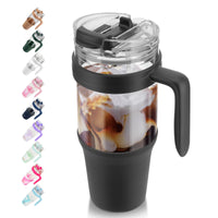 Tronco 40 oz Glass Tumbler with Straw and Lid, Reusable Glass Tumbler with Handle, Iced Coffee Cup with Bamboo Lid, Glass Water Bottles Fit in Cup Holder, Carbonfree, Lead - Free, BPA - Free - 7DAY'S