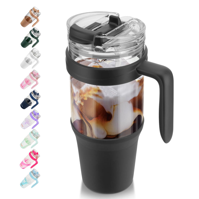 Tronco 40 oz Glass Tumbler with Straw and Lid, Reusable Glass Tumbler with Handle, Iced Coffee Cup with Bamboo Lid, Glass Water Bottles Fit in Cup Holder, Carbonfree, Lead - Free, BPA - Free - 7DAY'S