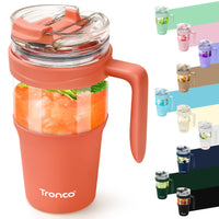 Tronco 40 oz Glass Tumbler with Straw and Lid, Reusable Glass Tumbler with Handle, Iced Coffee Cup with Bamboo Lid, Glass Water Bottles Fit in Cup Holder, Carbonfree, Lead - Free, BPA - Free - 7DAY'S