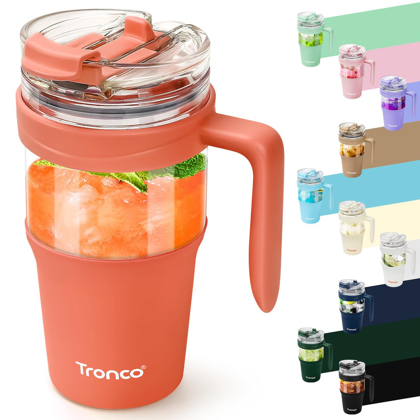 Tronco 40 oz Glass Tumbler with Straw and Lid, Reusable Glass Tumbler with Handle, Iced Coffee Cup with Bamboo Lid, Glass Water Bottles Fit in Cup Holder, Carbonfree, Lead - Free, BPA - Free - 7DAY'S