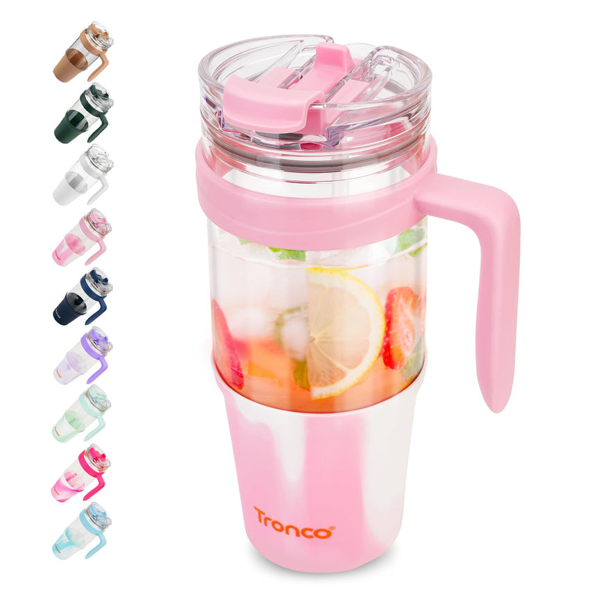 Tronco 40 oz Glass Tumbler with Straw and Lid, Reusable Glass Tumbler with Handle, Iced Coffee Cup with Bamboo Lid, Glass Water Bottles Fit in Cup Holder, Carbonfree, Lead - Free, BPA - Free - 7DAY'S