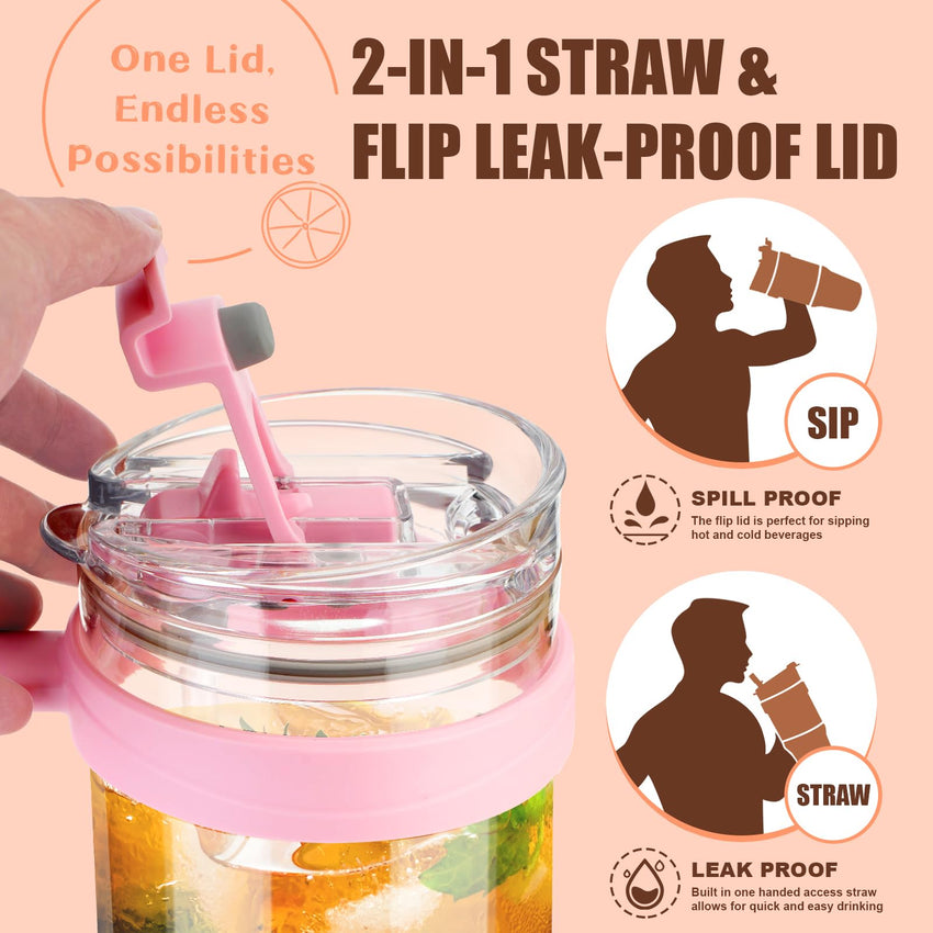 Tronco 40 oz Glass Tumbler with Straw and Lid, Reusable Glass Tumbler with Handle, Iced Coffee Cup with Bamboo Lid, Glass Water Bottles Fit in Cup Holder, Carbonfree, Lead - Free, BPA - Free - 7DAY'S