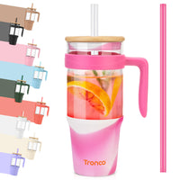 Tronco 40 oz Glass Tumbler with Straw and Lid, Reusable Glass Tumbler with Handle, Iced Coffee Cup with Bamboo Lid, Glass Water Bottles Fit in Cup Holder, Carbonfree, Lead - Free, BPA - Free - 7DAY'S