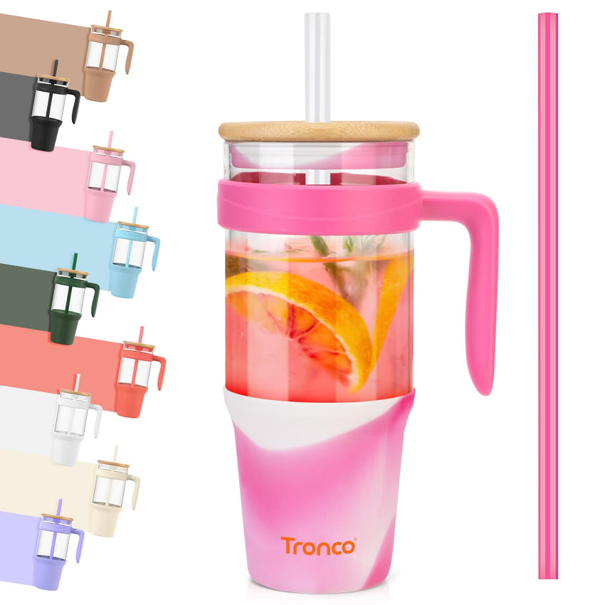 Tronco 40 oz Glass Tumbler with Straw and Lid, Reusable Glass Tumbler with Handle, Iced Coffee Cup with Bamboo Lid, Glass Water Bottles Fit in Cup Holder, Carbonfree, Lead - Free, BPA - Free - 7DAY'S
