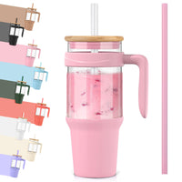 Tronco 40 oz Glass Tumbler with Straw and Lid, Reusable Glass Tumbler with Handle, Iced Coffee Cup with Bamboo Lid, Glass Water Bottles Fit in Cup Holder, Carbonfree, Lead - Free, BPA - Free - 7DAY'S