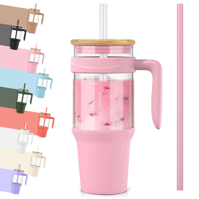 Tronco 40 oz Glass Tumbler with Straw and Lid, Reusable Glass Tumbler with Handle, Iced Coffee Cup with Bamboo Lid, Glass Water Bottles Fit in Cup Holder, Carbonfree, Lead - Free, BPA - Free - 7DAY'S