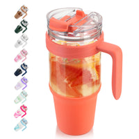 Tronco 40 oz Glass Tumbler with Straw and Lid, Reusable Glass Tumbler with Handle, Iced Coffee Cup with Bamboo Lid, Glass Water Bottles Fit in Cup Holder, Carbonfree, Lead - Free, BPA - Free - 7DAY'S