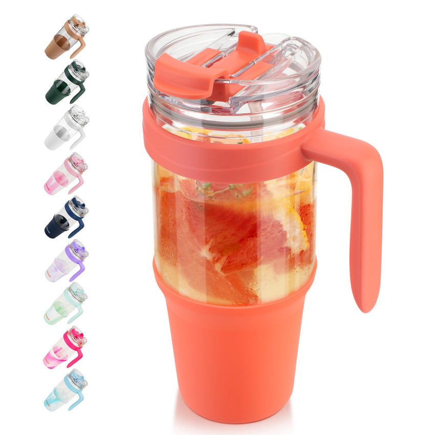 Tronco 40 oz Glass Tumbler with Straw and Lid, Reusable Glass Tumbler with Handle, Iced Coffee Cup with Bamboo Lid, Glass Water Bottles Fit in Cup Holder, Carbonfree, Lead - Free, BPA - Free - 7DAY'S