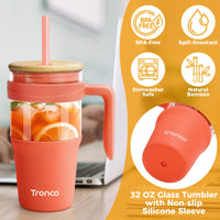 Tronco 40 oz Glass Tumbler with Straw and Lid, Reusable Glass Tumbler with Handle, Iced Coffee Cup with Bamboo Lid, Glass Water Bottles Fit in Cup Holder, Carbonfree, Lead - Free, BPA - Free - 7DAY'S
