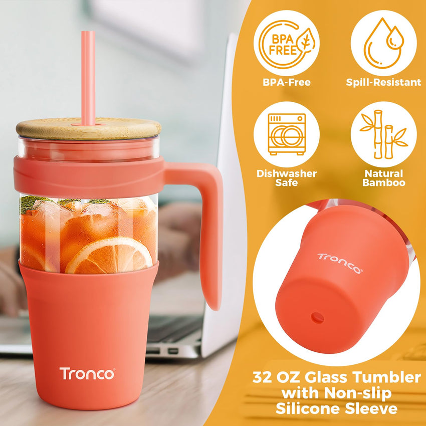 Tronco 40 oz Glass Tumbler with Straw and Lid, Reusable Glass Tumbler with Handle, Iced Coffee Cup with Bamboo Lid, Glass Water Bottles Fit in Cup Holder, Carbonfree, Lead - Free, BPA - Free - 7DAY'S