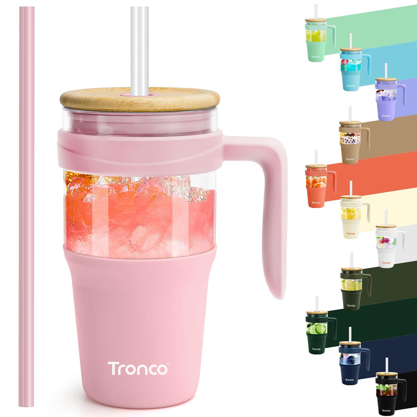 Tronco 40 oz Glass Tumbler with Straw and Lid, Reusable Glass Tumbler with Handle, Iced Coffee Cup with Bamboo Lid, Glass Water Bottles Fit in Cup Holder, Carbonfree, Lead - Free, BPA - Free - 7DAY'S