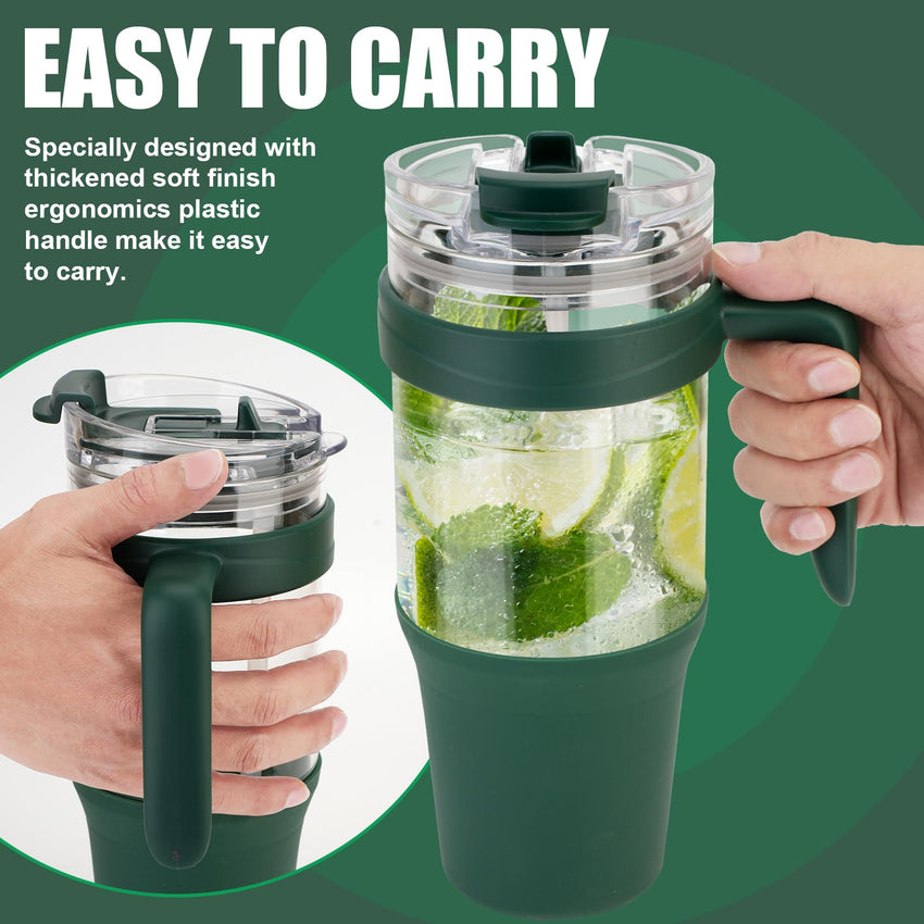 Tronco 40 oz Glass Tumbler with Straw and Lid, Reusable Glass Tumbler with Handle, Iced Coffee Cup with Bamboo Lid, Glass Water Bottles Fit in Cup Holder, Carbonfree, Lead - Free, BPA - Free - 7DAY'S