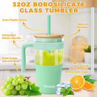 Tronco 40 oz Glass Tumbler with Straw and Lid, Reusable Glass Tumbler with Handle, Iced Coffee Cup with Bamboo Lid, Glass Water Bottles Fit in Cup Holder, Carbonfree, Lead - Free, BPA - Free - 7DAY'S