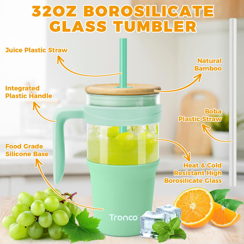 Tronco 40 oz Glass Tumbler with Straw and Lid, Reusable Glass Tumbler with Handle, Iced Coffee Cup with Bamboo Lid, Glass Water Bottles Fit in Cup Holder, Carbonfree, Lead - Free, BPA - Free - 7DAY'S