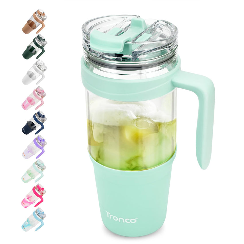 Tronco 40 oz Glass Tumbler with Straw and Lid, Reusable Glass Tumbler with Handle, Iced Coffee Cup with Bamboo Lid, Glass Water Bottles Fit in Cup Holder, Carbonfree, Lead - Free, BPA - Free - 7DAY'S
