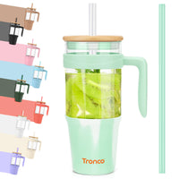 Tronco 40 oz Glass Tumbler with Straw and Lid, Reusable Glass Tumbler with Handle, Iced Coffee Cup with Bamboo Lid, Glass Water Bottles Fit in Cup Holder, Carbonfree, Lead - Free, BPA - Free - 7DAY'S