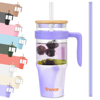 Tronco 40 oz Glass Tumbler with Straw and Lid, Reusable Glass Tumbler with Handle, Iced Coffee Cup with Bamboo Lid, Glass Water Bottles Fit in Cup Holder, Carbonfree, Lead - Free, BPA - Free - 7DAY'S