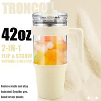 Tronco 40 oz Glass Tumbler with Straw and Lid, Reusable Glass Tumbler with Handle, Iced Coffee Cup with Bamboo Lid, Glass Water Bottles Fit in Cup Holder, Carbonfree, Lead - Free, BPA - Free - 7DAY'S