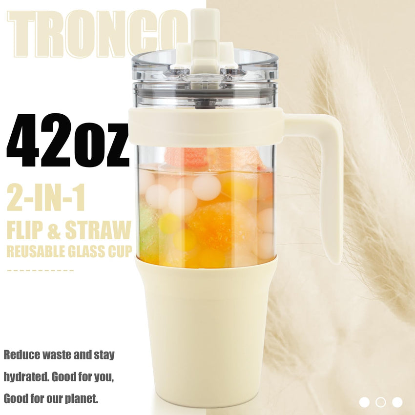 Tronco 40 oz Glass Tumbler with Straw and Lid, Reusable Glass Tumbler with Handle, Iced Coffee Cup with Bamboo Lid, Glass Water Bottles Fit in Cup Holder, Carbonfree, Lead - Free, BPA - Free - 7DAY'S