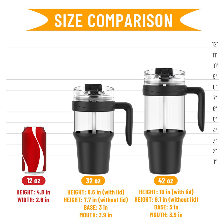 Tronco 40 oz Glass Tumbler with Straw and Lid, Reusable Glass Tumbler with Handle, Iced Coffee Cup with Bamboo Lid, Glass Water Bottles Fit in Cup Holder, Carbonfree, Lead - Free, BPA - Free - 7DAY'S