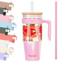 Tronco 40 oz Glass Tumbler with Straw and Lid, Reusable Glass Tumbler with Handle, Iced Coffee Cup with Bamboo Lid, Glass Water Bottles Fit in Cup Holder, Carbonfree, Lead - Free, BPA - Free - 7DAY'S
