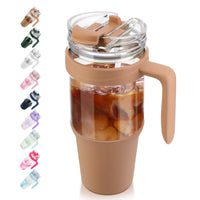 Tronco 40 oz Glass Tumbler with Straw and Lid, Reusable Glass Tumbler with Handle, Iced Coffee Cup with Bamboo Lid, Glass Water Bottles Fit in Cup Holder, Carbonfree, Lead - Free, BPA - Free - 7DAY'S