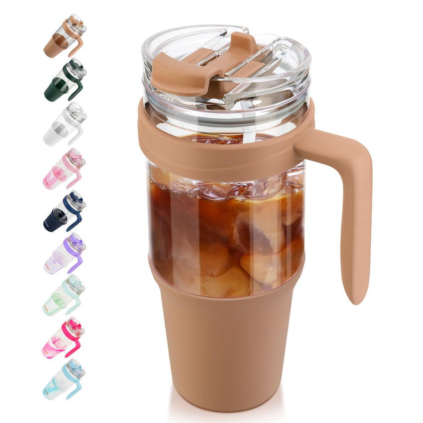 Tronco 40 oz Glass Tumbler with Straw and Lid, Reusable Glass Tumbler with Handle, Iced Coffee Cup with Bamboo Lid, Glass Water Bottles Fit in Cup Holder, Carbonfree, Lead - Free, BPA - Free - 7DAY'S