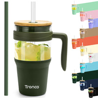 Tronco 40 oz Glass Tumbler with Straw and Lid, Reusable Glass Tumbler with Handle, Iced Coffee Cup with Bamboo Lid, Glass Water Bottles Fit in Cup Holder, Carbonfree, Lead - Free, BPA - Free - 7DAY'S