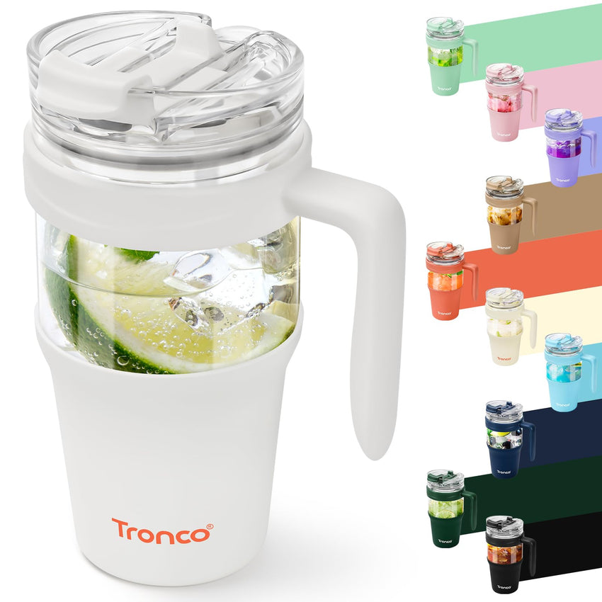 Tronco 40 oz Glass Tumbler with Straw and Lid, Reusable Glass Tumbler with Handle, Iced Coffee Cup with Bamboo Lid, Glass Water Bottles Fit in Cup Holder, Carbonfree, Lead - Free, BPA - Free - 7DAY'S