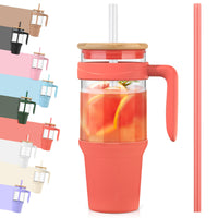 Tronco 40 oz Glass Tumbler with Straw and Lid, Reusable Glass Tumbler with Handle, Iced Coffee Cup with Bamboo Lid, Glass Water Bottles Fit in Cup Holder, Carbonfree, Lead - Free, BPA - Free - 7DAY'S