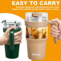 Tronco 40 oz Glass Tumbler with Straw and Lid, Reusable Glass Tumbler with Handle, Iced Coffee Cup with Bamboo Lid, Glass Water Bottles Fit in Cup Holder, Carbonfree, Lead - Free, BPA - Free - 7DAY'S