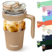 Tronco 40 oz Glass Tumbler with Straw and Lid, Reusable Glass Tumbler with Handle, Iced Coffee Cup with Bamboo Lid, Glass Water Bottles Fit in Cup Holder, Carbonfree, Lead - Free, BPA - Free - 7DAY'S