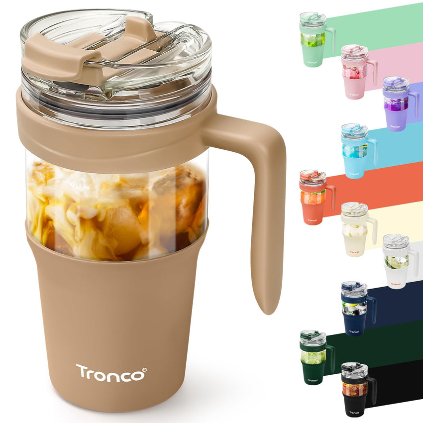 Tronco 40 oz Glass Tumbler with Straw and Lid, Reusable Glass Tumbler with Handle, Iced Coffee Cup with Bamboo Lid, Glass Water Bottles Fit in Cup Holder, Carbonfree, Lead - Free, BPA - Free - 7DAY'S