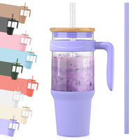 Tronco 40 oz Glass Tumbler with Straw and Lid, Reusable Glass Tumbler with Handle, Iced Coffee Cup with Bamboo Lid, Glass Water Bottles Fit in Cup Holder, Carbonfree, Lead - Free, BPA - Free - 7DAY'S