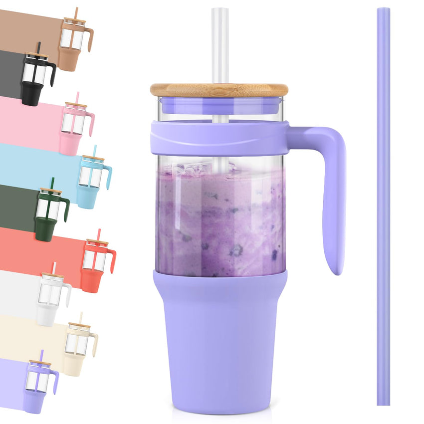Tronco 40 oz Glass Tumbler with Straw and Lid, Reusable Glass Tumbler with Handle, Iced Coffee Cup with Bamboo Lid, Glass Water Bottles Fit in Cup Holder, Carbonfree, Lead - Free, BPA - Free - 7DAY'S