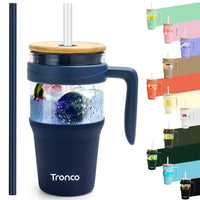Tronco 40 oz Glass Tumbler with Straw and Lid, Reusable Glass Tumbler with Handle, Iced Coffee Cup with Bamboo Lid, Glass Water Bottles Fit in Cup Holder, Carbonfree, Lead - Free, BPA - Free - 7DAY'S