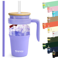 Tronco 40 oz Glass Tumbler with Straw and Lid, Reusable Glass Tumbler with Handle, Iced Coffee Cup with Bamboo Lid, Glass Water Bottles Fit in Cup Holder, Carbonfree, Lead - Free, BPA - Free - 7DAY'S