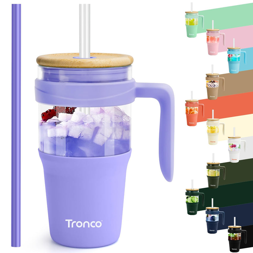 Tronco 40 oz Glass Tumbler with Straw and Lid, Reusable Glass Tumbler with Handle, Iced Coffee Cup with Bamboo Lid, Glass Water Bottles Fit in Cup Holder, Carbonfree, Lead - Free, BPA - Free - 7DAY'S