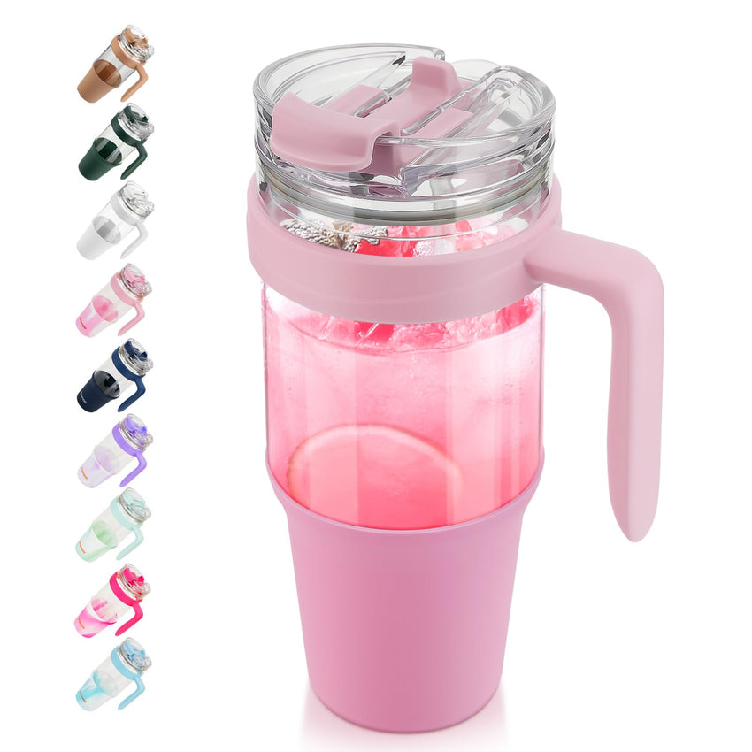 Tronco 40 oz Glass Tumbler with Straw and Lid, Reusable Glass Tumbler with Handle, Iced Coffee Cup with Bamboo Lid, Glass Water Bottles Fit in Cup Holder, Carbonfree, Lead - Free, BPA - Free - 7DAY'S