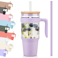 Tronco 40 oz Glass Tumbler with Straw and Lid, Reusable Glass Tumbler with Handle, Iced Coffee Cup with Bamboo Lid, Glass Water Bottles Fit in Cup Holder, Carbonfree, Lead - Free, BPA - Free - 7DAY'S