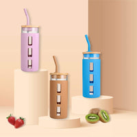 Tronco Glass Tumbler with Bamboo Lid and Straw,20OZ Reusable Iced Coffee Cup,Smoothie Cups,Glass Travel Water Bottle,See Through Silicone Sleeve With Measurement,Dishwasfer Safe,Spill Proof - 7DAY'S