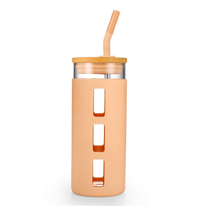 Tronco Glass Tumbler with Bamboo Lid and Straw,20OZ Reusable Iced Coffee Cup,Smoothie Cups,Glass Travel Water Bottle,See Through Silicone Sleeve With Measurement,Dishwasfer Safe,Spill Proof - 7DAY'S