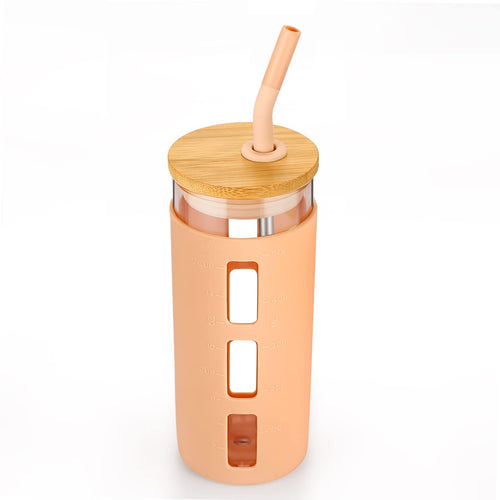 Tronco Glass Tumbler with Bamboo Lid and Straw,20OZ Reusable Iced Coffee Cup,Smoothie Cups,Glass Travel Water Bottle,See Through Silicone Sleeve With Measurement,Dishwasfer Safe,Spill Proof - 7DAY'S