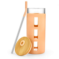 Tronco Glass Tumbler with Bamboo Lid and Straw,20OZ Reusable Iced Coffee Cup,Smoothie Cups,Glass Travel Water Bottle,See Through Silicone Sleeve With Measurement,Dishwasfer Safe,Spill Proof - 7DAY'S