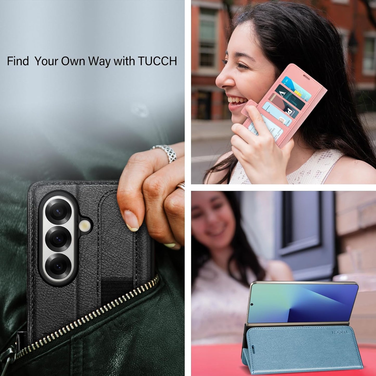 TUCCH Case Wallet for Galaxy Z Fold 7, Shockproof Magnetic Folio with [Kickstand] [RFID Blocking] 4 Card Slots, PU Leather PC Cover Compatible with Galaxy Z Fold 7 (8.0") 2025, Black (Textured) - 7DAY'S