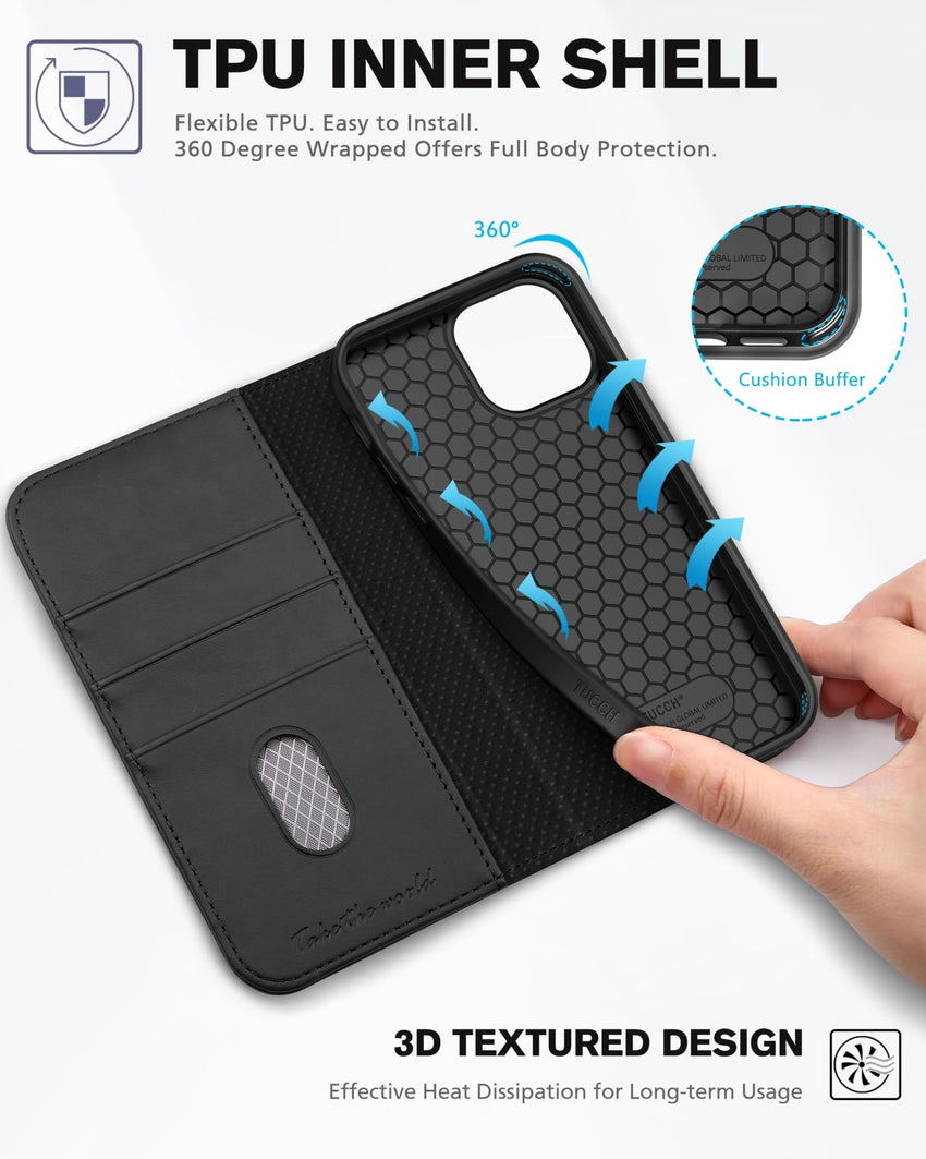 TUCCH Case Wallet for iPhone 13 5G, PU Leather Flip Folio Cover with [3 Card Slots], Stand Book Design [Shockproof TPU Interior Case] Compatible with iPhone 13 6.1 - inch 2021, Black - 7DAY'S