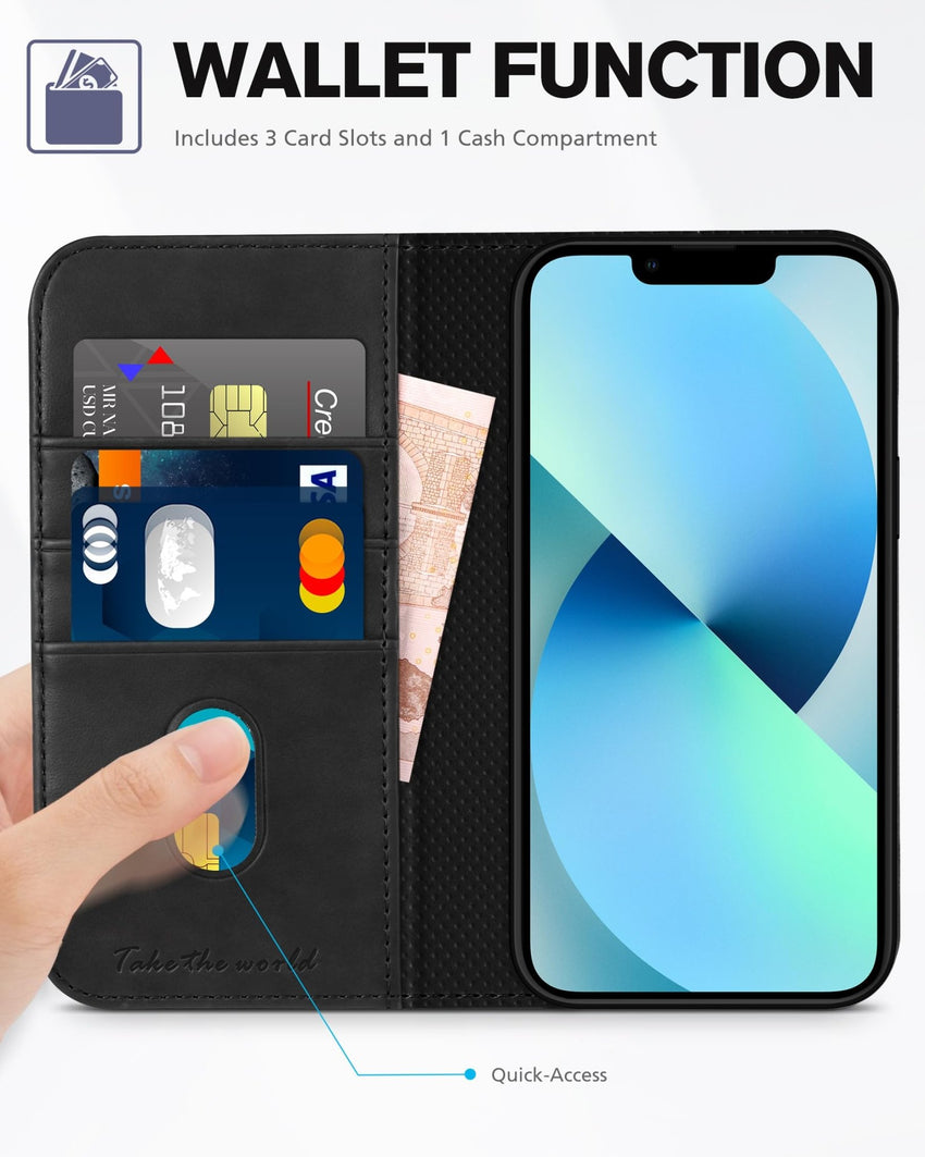 TUCCH Case Wallet for iPhone 13 5G, PU Leather Flip Folio Cover with [3 Card Slots], Stand Book Design [Shockproof TPU Interior Case] Compatible with iPhone 13 6.1 - inch 2021, Black - 7DAY'S