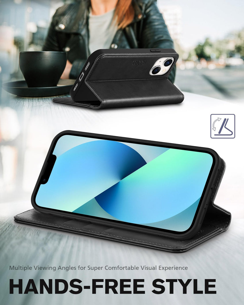 TUCCH Case Wallet for iPhone 13 5G, PU Leather Flip Folio Cover with [3 Card Slots], Stand Book Design [Shockproof TPU Interior Case] Compatible with iPhone 13 6.1 - inch 2021, Black - 7DAY'S